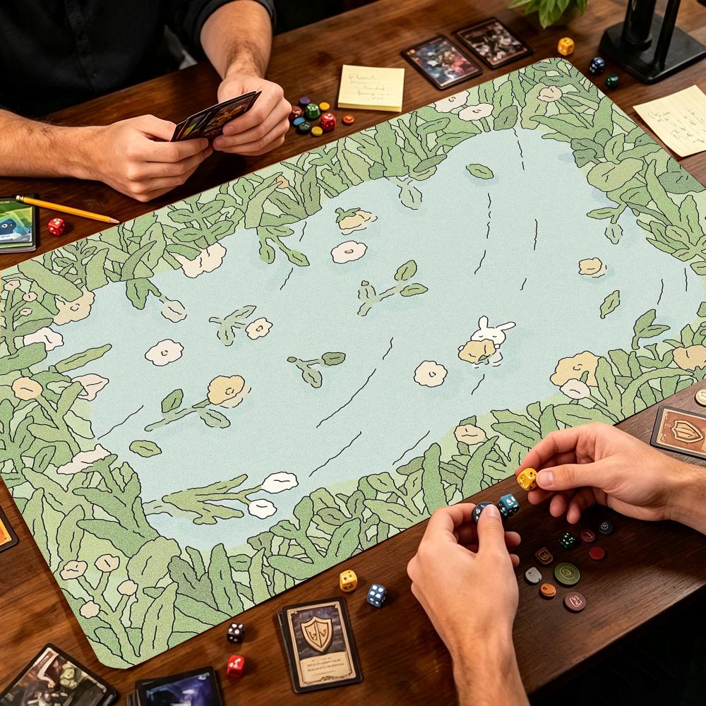Door Mat Blank - かわいいウサギの池、緑の植物、花柄のカードゲームプレイマット、新鮮な漫画風、大型TCGプレイマット、縫い目のあるエッジ、滑り止めテーブルマット
