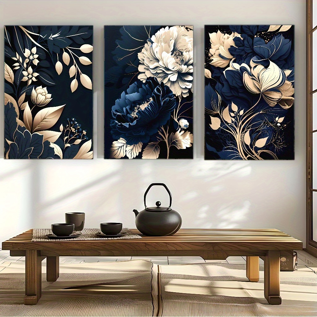 ネイビーブルー、ゴールデン、ベージュ、ホワイト、ブラウンの花 - Canvas Wrap Ready のレビューと価格